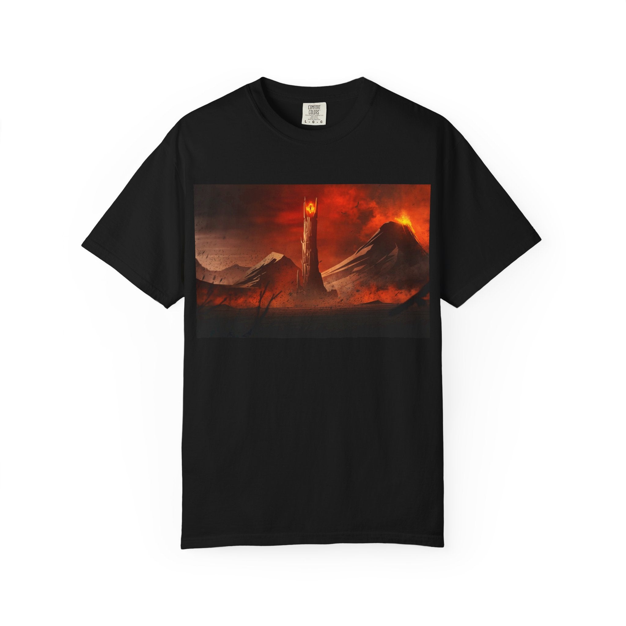 Dark Fantasy Tower Graphic T-Shirt — Fiery Mordor Landscape Tee
