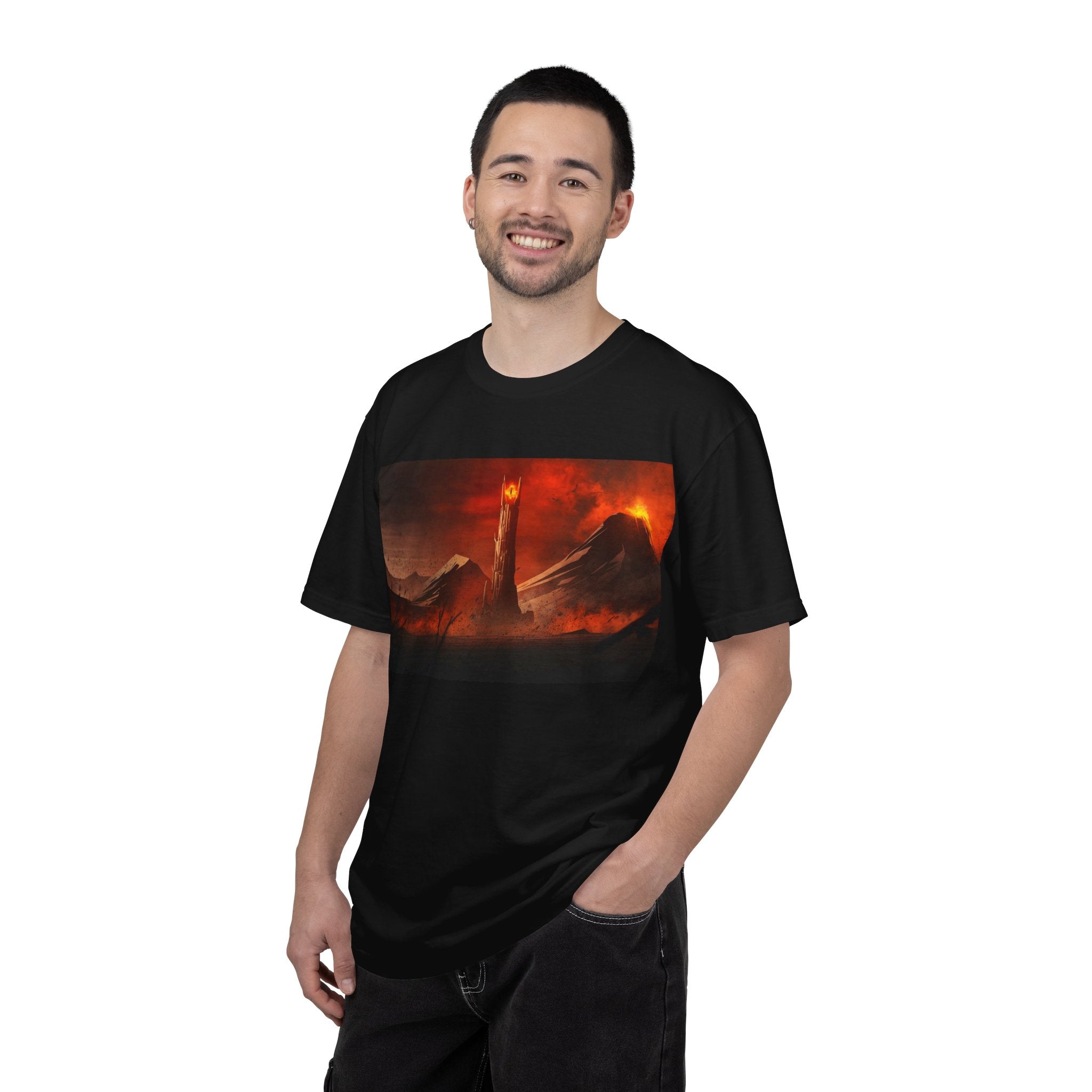 Dark Fantasy Tower Graphic T-Shirt — Fiery Mordor Landscape Tee