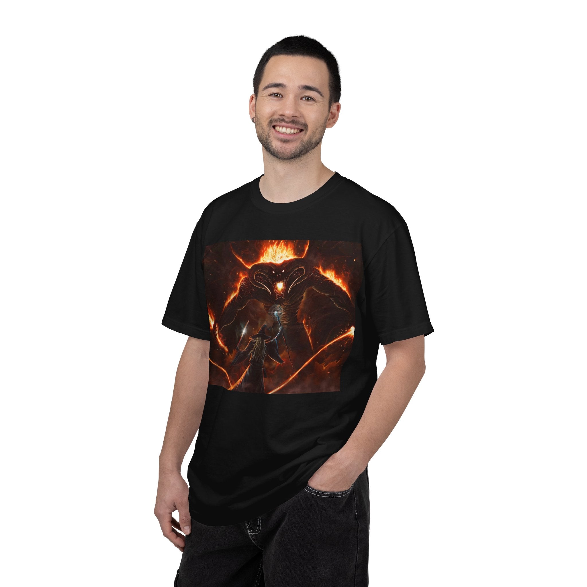 Fiery Demon Warrior T‑Shirt — Dark Fantasy Mage vs. Infernal Beast Graphic Tee
