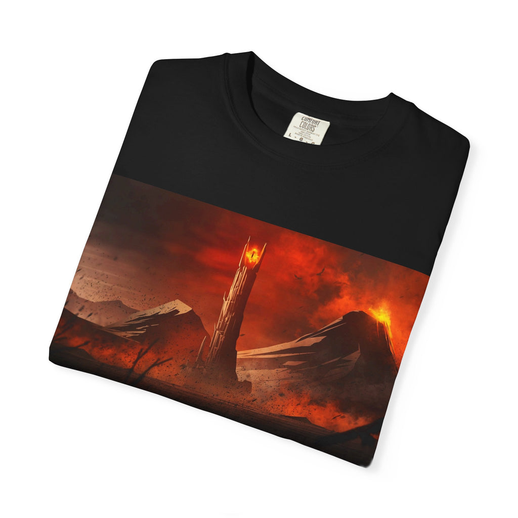 Dark Fantasy Tower Graphic T-Shirt — Fiery Mordor Landscape Tee