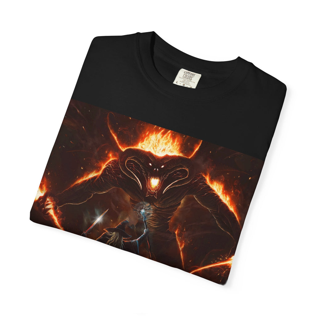 Fiery Demon Warrior T‑Shirt — Dark Fantasy Mage vs. Infernal Beast Graphic Tee