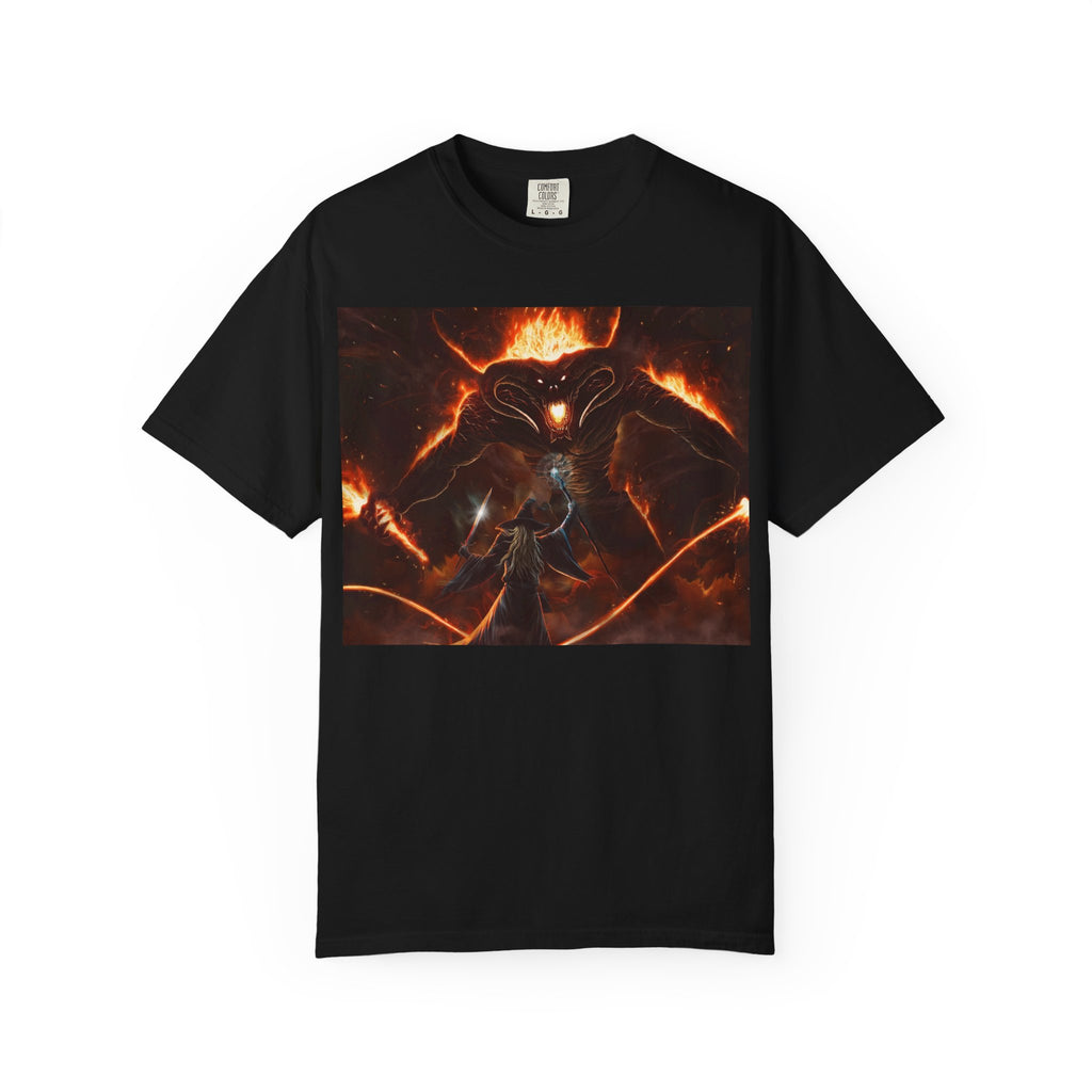 Fiery Demon Warrior T‑Shirt — Dark Fantasy Mage vs. Infernal Beast Graphic Tee