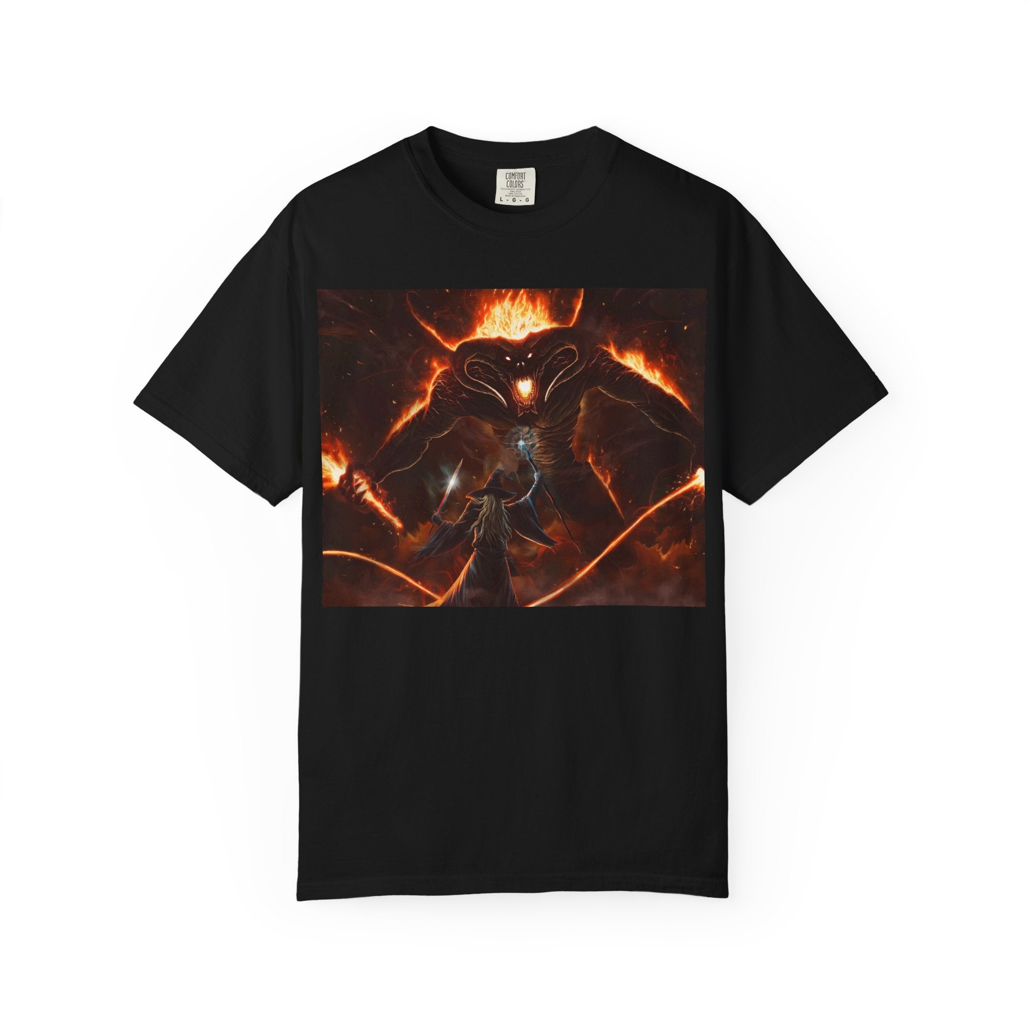 Fiery Demon Warrior T‑Shirt — Dark Fantasy Mage vs. Infernal Beast Graphic Tee